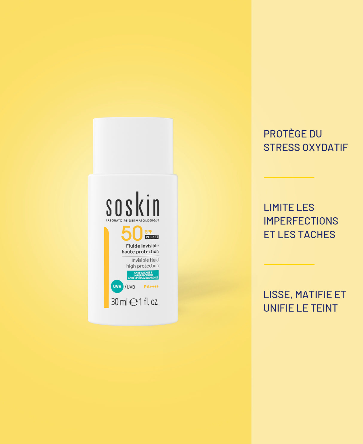 Fluide invisible haute protection SPF50 Soins solaires Soskin