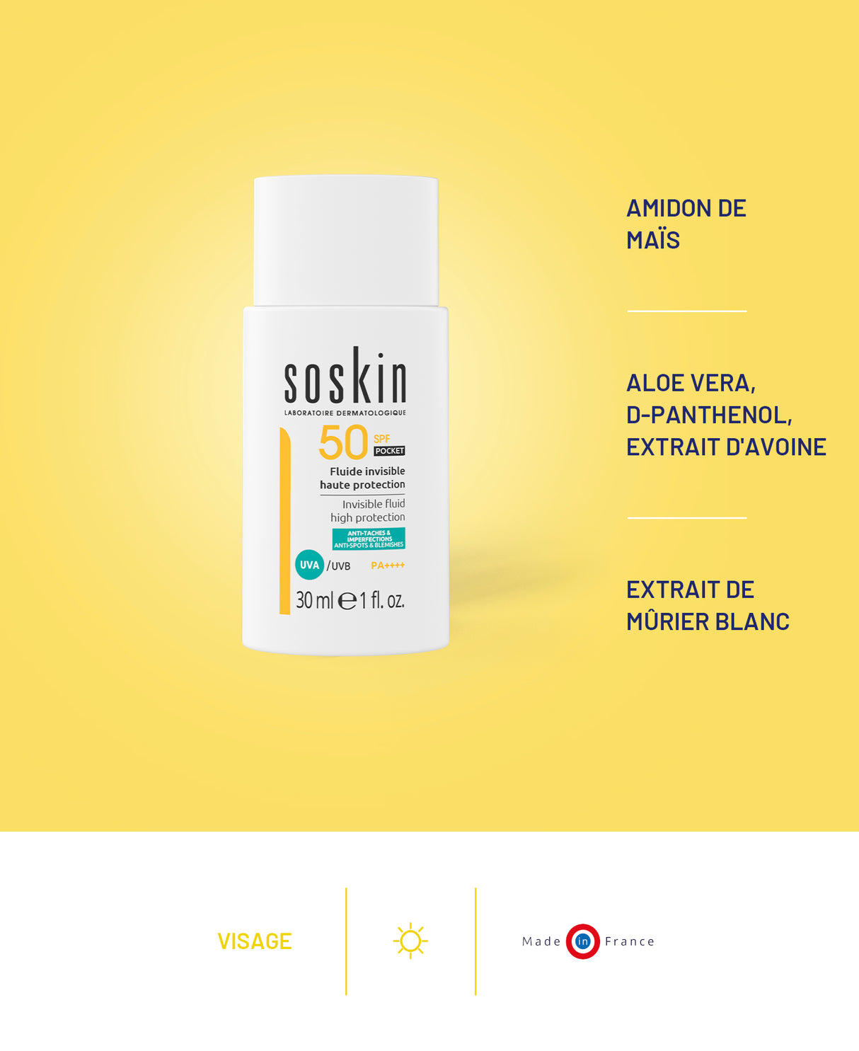 Fluide invisible haute protection SPF50 Soins solaires Soskin