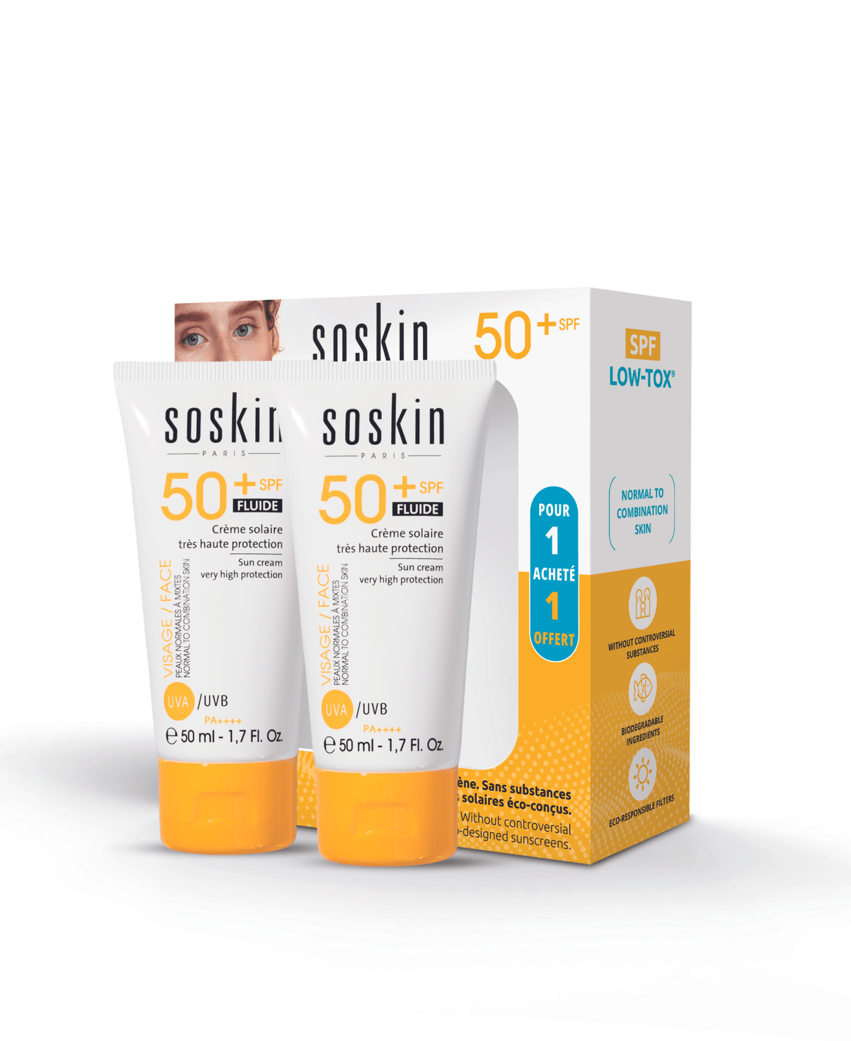 Lot de deux Crèmes solaire très haute protection fluide SPF50+ Soins solaires Soskin