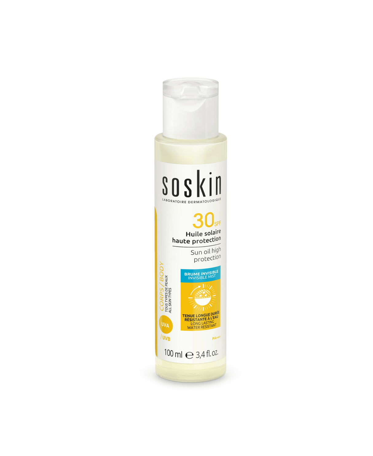 Huile solaire haute protection SPF30+ Soins solaires Soskin