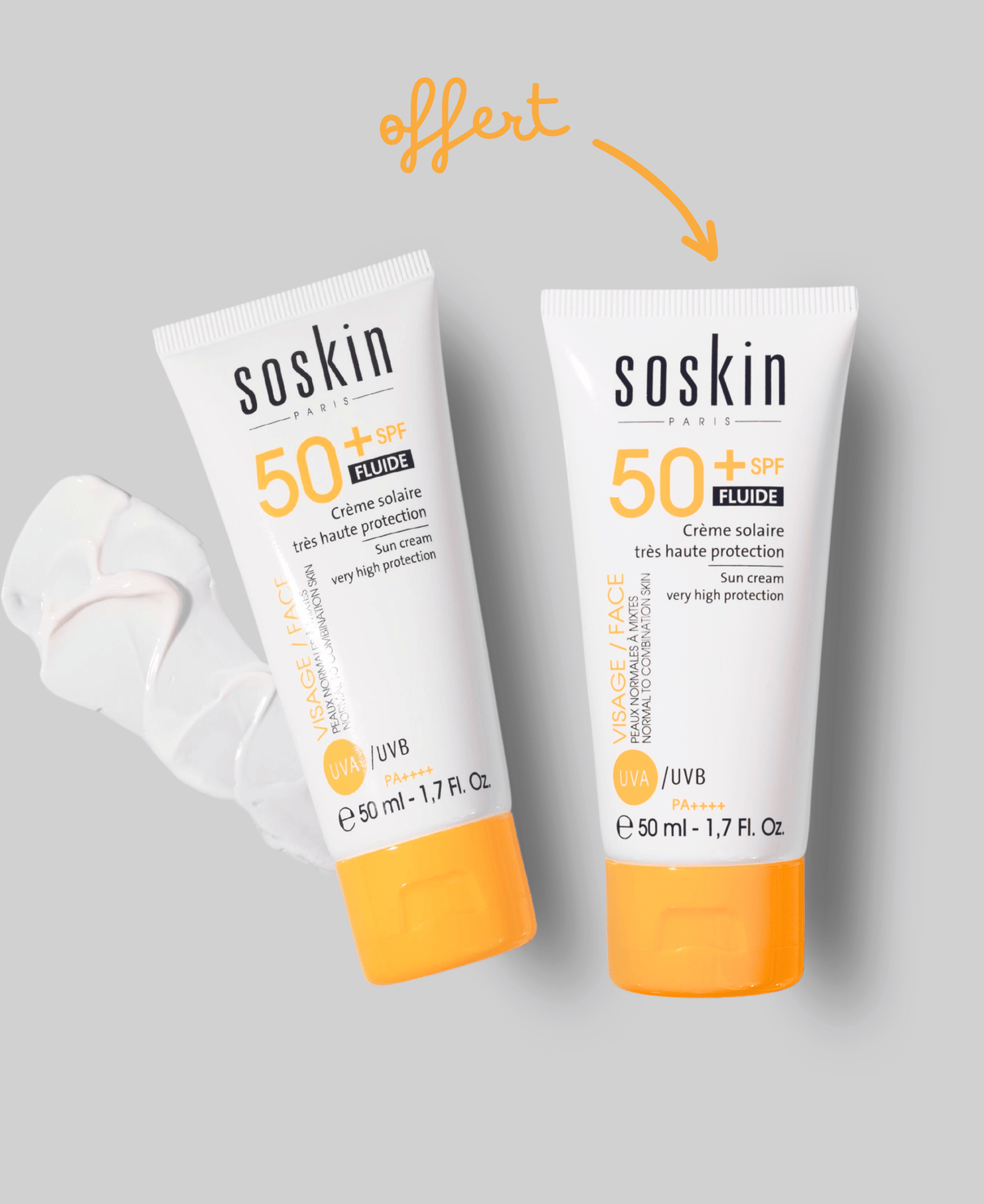 Lot de deux Crèmes solaire très haute protection fluide SPF50+ Soins solaires Soskin