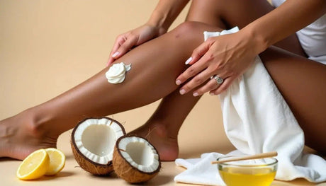 Application de crème hydratante sur les jambes, noix de coco en arrière-plan