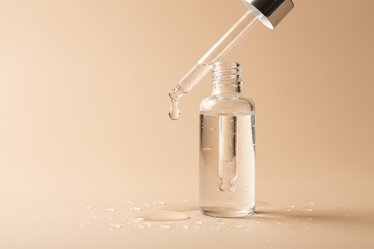 Flacon compte-gouttes et gouttes d'eau, hydratation d'une peau grasse déshydratée