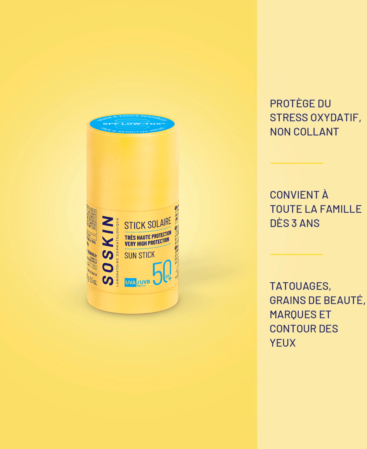 Trio Stick solaire très haute protection SPF50+ Soins solaires Soskin