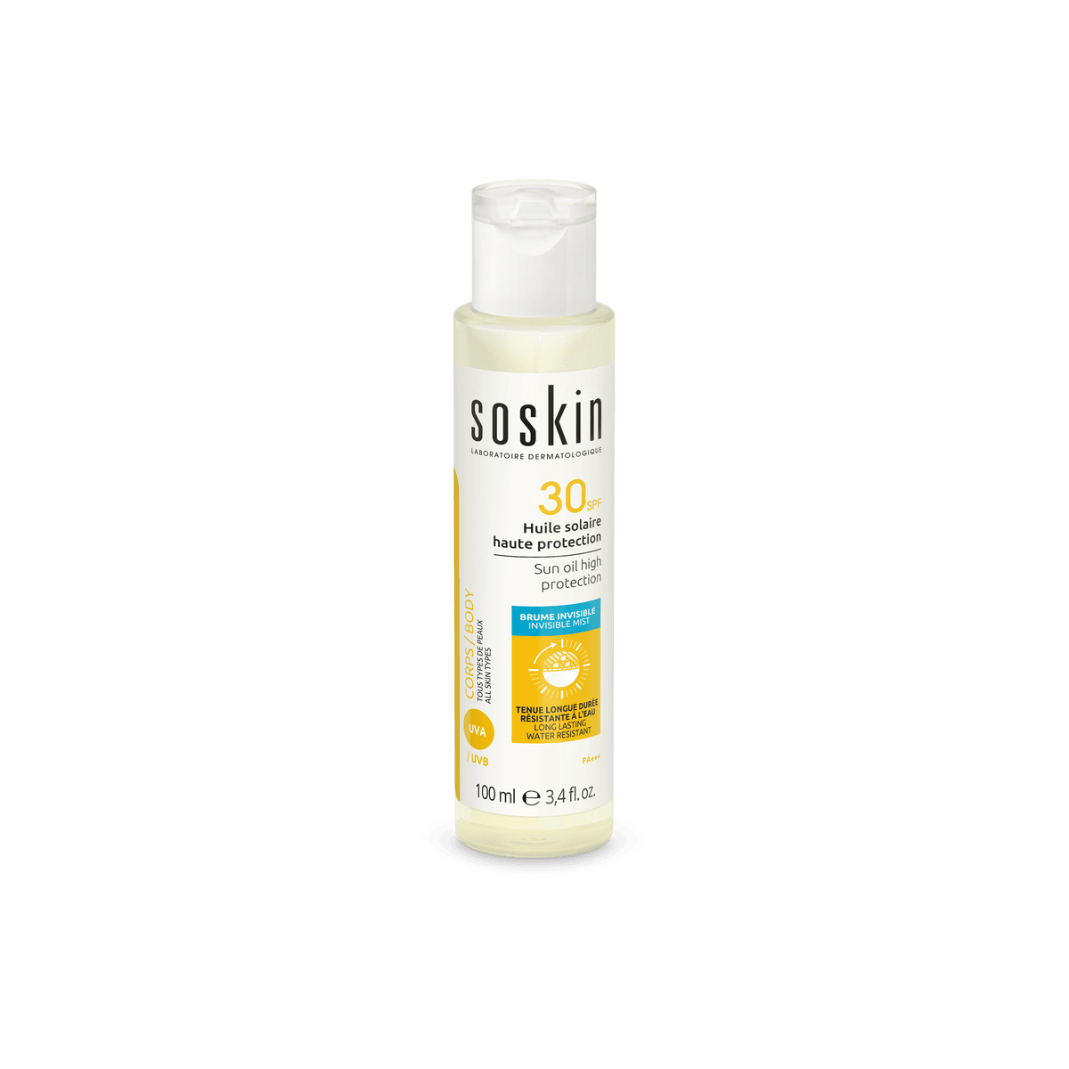 Huile solaire haute protection SPF30+ Soins solaires Soskin