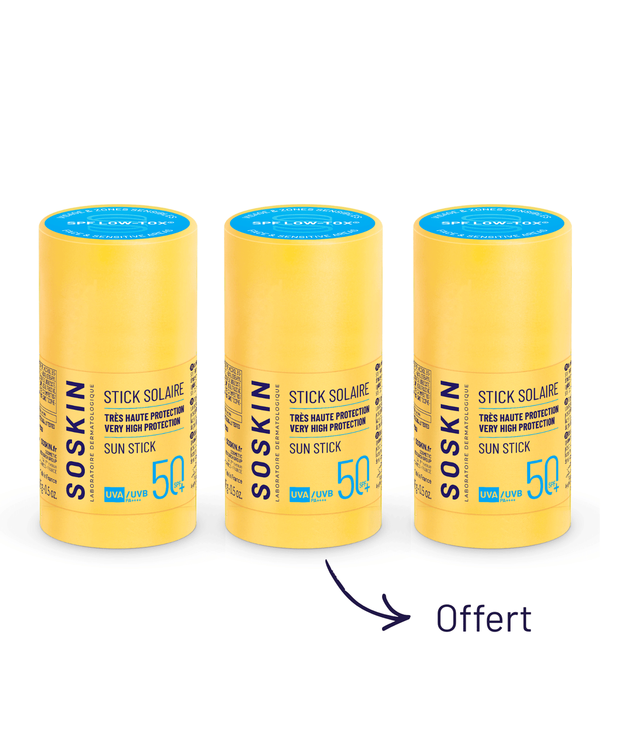 Trio Stick solaire très haute protection SPF50+ Soins solaires Soskin
